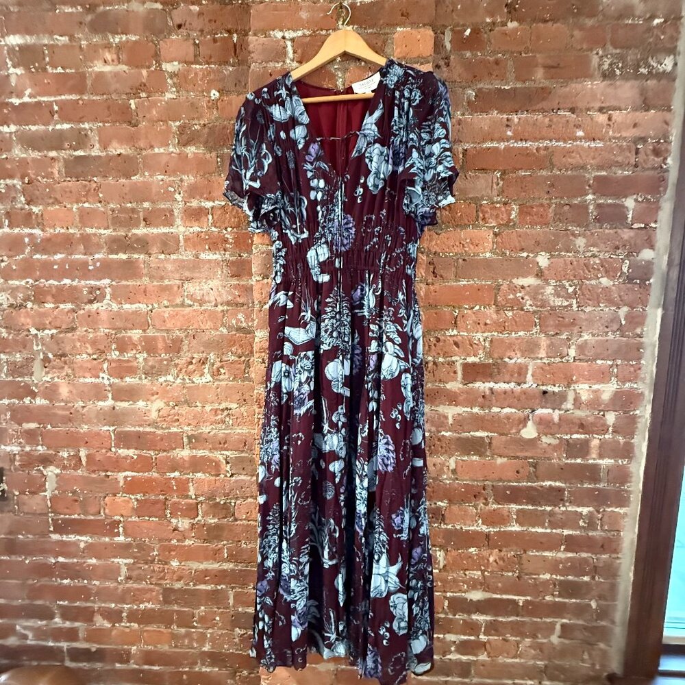 NWOT La Ligne Floral Smocked Flutter Sleeve Midi Dress L